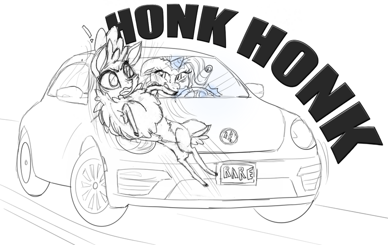 Size: 1391x878 | Tagged: safe, derpibooru import, rarity, velvet reindeer, deer, them's fightin' herds, beep beep, car, community related, crossover, driving, drunk, honk honk, volkswagen, volkswagen beetle, vulgar description