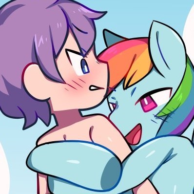 Size: 398x397 | Tagged: questionable, artist:crybleat, derpibooru import, rainbow dash, human, pony, explicit source, hape, hug, implied human on pony action, implied interspecies, implied rape, implied straight shota, luka, monster girl quest