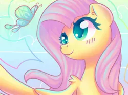 Size: 1280x953 | Tagged: safe, artist:musicfirewind, derpibooru import, fluttershy, butterfly, pegasus, pony, blushing, bust, cute, female, looking at something, mare, shyabetes, solo, spread wings, three quarter view, wings
