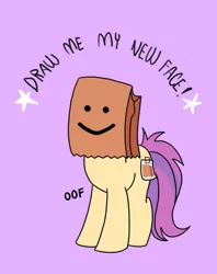 Size: 795x1005 | Tagged: safe, derpibooru import, oc, oc:paper bag, unofficial characters only, earth pony, pony, draw me my new face, exploitable meme, female, mare, meme, oof, paper bag, purple background, roblox, simple background, solo