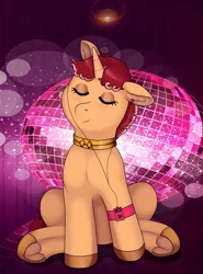 Size: 1969x2663 | Tagged: safe, artist:69beas, derpibooru import, oc, oc:jessie feuer, unofficial characters only, pony, unicorn, collar, colored hooves, disco, ear fluff, eyes closed, eyeshadow, female, frog (hoof), happy, makeup, mare, mp3 player, sitting, smiling, solo, underhoof