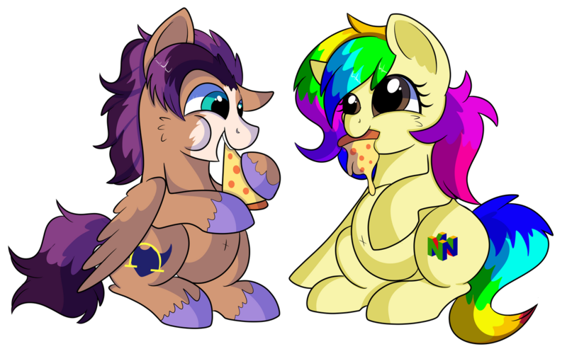 Size: 1280x788 | Tagged: safe, artist:rainbowtashie, author:bigonionbean, derpibooru import, flash sentry, trouble shoes, oc, oc:fast hooves, oc:rainbow tashie, clydesdale, earth pony, pegasus, pony, belly, belly button, chubby, commissioner:bigonionbean, cute, food, fusion, fusion:fast hooves, meat, multicolored hair, pepperoni, pepperoni pizza, pizza, rainbow hair, simple background, transparent background, unshorn fetlocks, weight gain