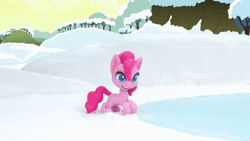 Size: 800x450 | Tagged: safe, derpibooru import, screencap, pinkie pie, earth pony, pony, ice and slice, my little pony: pony life, my little pony: stop motion short, animated, annoyed, cake, cute, diapinkes, food, gif, happy, ice, outdoors, pinkie pie is not amused, sliding, slipping, snow, solo, stop motion, tongue out, unamused