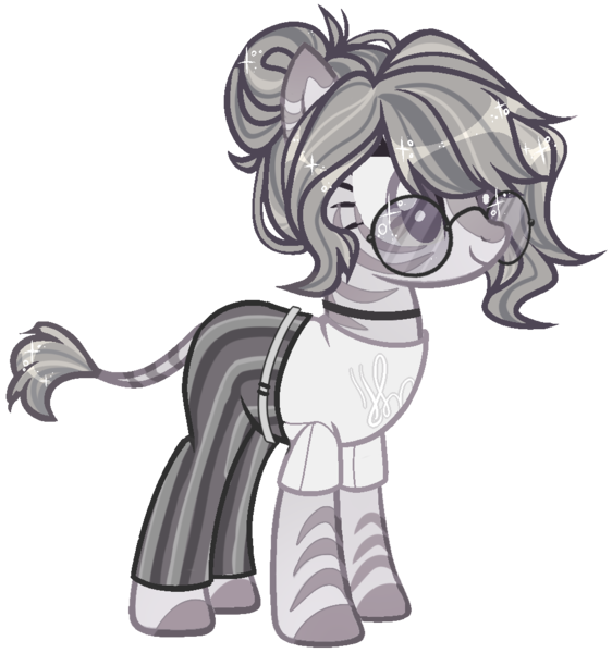 Size: 1000x1068 | Tagged: artist:miioko, belt, choker, clothes, derpibooru import, female, glasses, oc, oc:greyscale paige, pants, safe, shirt, simple background, transparent background, t-shirt, unofficial characters only, unshorn fetlocks, zebra, zebra oc