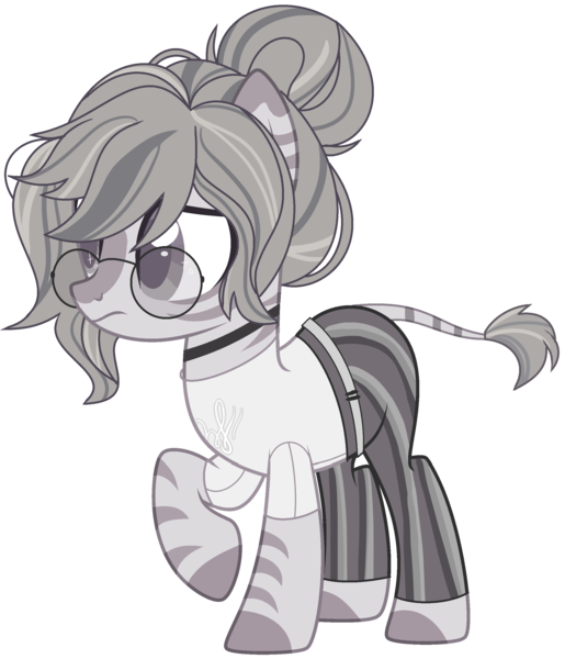 Size: 2226x2592 | Tagged: artist:celestial-rue0w0, artist:lazuli, base used, belt, choker, clothes, commission, derpibooru import, female, glasses, oc, oc:greyscale paige, pants, raised hoof, safe, shirt, simple background, transparent background, t-shirt, unofficial characters only, zebra, zebra oc