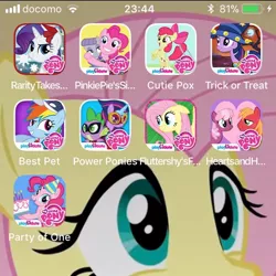 Size: 640x640 | Tagged: safe, derpibooru import, big macintosh, cheerilee, fluttershy, humdrum, masked matter-horn, maud pie, pinkie pie, rainbow dash, rarity, twilight sparkle, dragon, earth pony, pegasus, pony, unicorn, birthday cake, bust, cake, christmas, clothes, costume, cutie pox, docomo, female, food, hat, heart, holiday, icon, ios, iphone, japanese, male, mare, mask, party hat, phone, phone screen, power ponies, santa hat, stallion, star swirl the bearded costume, stare, wallpaper