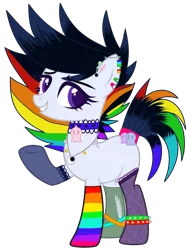 Size: 1912x2519 | Tagged: safe, artist:celestial-rue0w0, artist:lazuli, derpibooru import, oc, oc:pop candy (ice1517), unofficial characters only, earth pony, pony, icey-verse, anklet, base used, blank flank, choker, clothes, commission, ear piercing, earring, female, grin, jewelry, magical lesbian spawn, mare, mismatched socks, multicolored hair, necklace, offspring, parent:inky rose, parent:moonlight raven, parents:inkyraven, piercing, rainbow hair, rainbow socks, raised hoof, simple background, skull, smiling, socks, solo, stockings, striped socks, thigh highs, torn clothes, transparent background