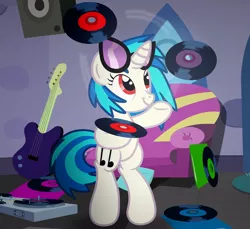 Size: 3600x3300 | Tagged: safe, artist:agkandphotomaker2000, derpibooru import, vinyl scratch, pony, unicorn, bored, couch, dj glasses, female, guitar, indoors, irresponsible management of your collection, juggling, mare, musical instrument, show accurate, solo, vinyl disc
