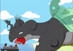 Size: 819x576 | Tagged: artist needed, source needed, safe, derpibooru import, queen chrysalis, lapras, chrysalapras, cloud, crossover, licking, licking lips, macro, pokefied, pokémon, ship, species swap, tongue out, water