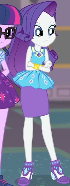 Size: 293x782 | Tagged: safe, derpibooru import, screencap, rarity, twilight sparkle, equestria girls, equestria girls series, school of rock, clothes, cropped, crossed arms, cute, dress, female, field trip, geode of shielding, high heels, jewelry, looking down, magical geodes, museum, raribetes, shoes, skirt, sleeveless, waistband, wrist cuffs