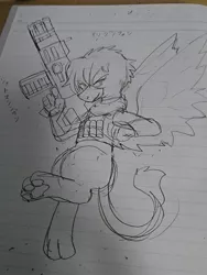 Size: 1080x1440 | Tagged: safe, artist:omegapony16, derpibooru import, oc, unofficial characters only, gryphon, armor, black and white, clothes, female, grayscale, griffon oc, gun, irl, lined paper, monochrome, paws, photo, solo, traditional art, underpaw, vest, weapon