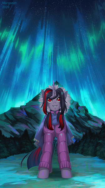 Size: 900x1607 | Tagged: safe, artist:margony, derpibooru import, oc, oc:flydry, unofficial characters only, pony, unicorn, aurora borealis, clothes, female, looking up, mare, night, red eyes, smiling, snow, solo