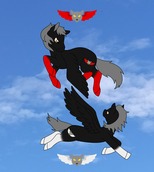 Size: 2304x2572 | Tagged: safe, artist:chili19, derpibooru import, oc, ponified, pegasus, pony, wolf, airwolf, cloud, duo, female, flying, mare, wings