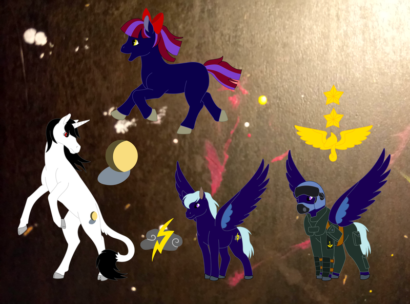 Size: 2846x2107 | Tagged: safe, artist:chili19, derpibooru import, oc, oc:moonshadow, oc:thunder cloud, oc:twilight sparkle, unofficial characters only, earth pony, pegasus, pony, unicorn, abstract background, bow, clothes, colored hooves, earth pony oc, female, hair bow, helmet, horn, leonine tail, looking back, male, mare, pegasus oc, rearing, spread wings, stallion, unicorn oc, wings