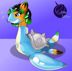 Size: 2650x2626 | Tagged: safe, artist:nitefire, derpibooru import, oc, unofficial characters only, lapras, pony, unicorn, crossover, grin, horn, inanimate tf, inflatable, inflatable toy, pokefied, pokémon, signature, smiling, species swap, transformation, unicorn oc