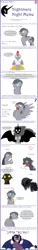 Size: 853x5576 | Tagged: safe, artist:ravenpuff, deleted from derpibooru, derpibooru import, nightmare moon, oc, oc:puffy, oc:xeno fodder, unofficial characters only, bat pony, changeling, pegasus, pony, timber wolf, vampire, vampony, :i, :o, animal costume, bat pony oc, bat wings, black sclera, blood pack, bone, bust, changelingified, chicken suit, choking, clothes, costume, descriptive noise, dialogue, drinking, ethereal mane, fake horn, fangs, forked tongue, freckles, galaxy mane, glowing eyes, goggles, horse noises, looking up, male, nightmare night symbol, open mouth, pegasus oc, peytral, red eyes, scared, sitting, skeleton, species swap, spread wings, stallion, timber wolfified, tongue out, wings
