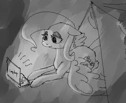 Size: 516x421 | Tagged: safe, artist:anonymous, derpibooru import, fluttershy, pegasus, pony, /mlp/, 4chan, computer, drawthread, laptop computer, monochrome, solo, tent