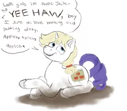 Size: 1089x951 | Tagged: safe, artist:anonymous, derpibooru import, applejack, rarity, pony, unicorn, simple ways, /mlp/, 4chan, bleached hair, covered cutie mark, disguise, drawthread, mud, solo, speech bubble, tape, text