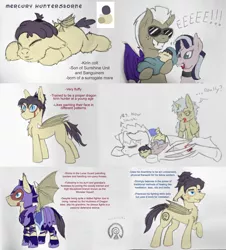 Size: 1280x1416 | Tagged: safe, artist:unhinged_pony, derpibooru import, oc, oc:mercury hunterborne, unofficial characters only, bat pony, pony, armor, baby, baby pony, bat pony oc, bat wings, chest fluff, choker, colt, eeee, eyes closed, face paint, female, grin, helmet, hoof shoes, male, mare, night guard, raised hoof, reference sheet, sleeping, smiling, stallion, sunglasses, swaddling, traditional art, unamused, wings