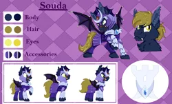 Size: 6000x3632 | Tagged: safe, artist:euspuche, derpibooru import, oc, oc:souda, unofficial characters only, bat pony, pony, armor, bat pony oc, bat wings, clothes, commission, looking at you, looking back, male, night guard armor, raised hoof, reference sheet, skirt, smiling, vampire hunter, wings