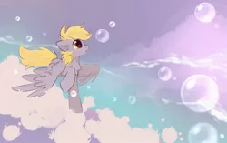 Size: 2520x1586 | Tagged: safe, artist:mirtash, derpibooru import, derpy hooves, pegasus, pony, bubble, chest fluff, cloud, cute, derpabetes, ear fluff, female, floppy ears, flying, mare, profile, scenery, sky, solo, spread wings, wings