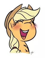 Size: 1150x1500 | Tagged: safe, artist:fakskis, derpibooru import, applejack, earth pony, pony, applejack's hat, blushing, chest fluff, cowboy hat, cute, eyes closed, female, hat, jackabetes, mare, open mouth, simple background, solo, teeth, white background, yeehaw