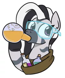 Size: 532x638 | Tagged: artist:jargon scott, bust, clothes, derpibooru import, drinking, jarg is a poot, oc, oc:zeal lanatus, portrait, potion, safe, safety glasses, simple background, solo, this will end in death, unofficial characters only, white background, zebra, zebra oc
