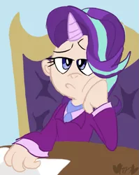 Size: 637x800 | Tagged: artist:mirabuncupcakes15, chair, clothes, derpibooru import, desk, female, headmare starlight, horn, horned humanization, human, humanized, necktie, older, older starlight glimmer, paper, safe, shirt, solo, starlight glimmer, starlight is not amused, suit, the last problem, unamused