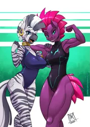 Size: 905x1280 | Tagged: suggestive, artist:zwitterkitsune, derpibooru import, tempest shadow, zecora, anthro, unicorn, zebra, armpits, biceps, breasts, broken horn, busty tempest shadow, busty zecora, clothes, duo, female, flex, flexing, horn, muscles, one-piece swimsuit, storm king's emblem, stupid sexy tempest shadow, stupid sexy zecora, swimsuit, temple shadow, thighs, thong swimsuit, zecora appreciation week