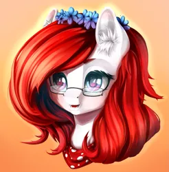 Size: 1281x1303 | Tagged: safe, artist:koi-to, derpibooru import, oc, unofficial characters only, pony, clothes, ear fluff, female, floral head wreath, flower, glasses, mare, open mouth, red mane, scarf, solo, white coat, wreath