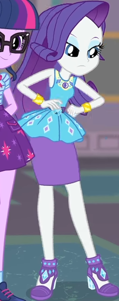 Size: 318x805 | Tagged: safe, derpibooru import, screencap, rarity, twilight sparkle, equestria girls, equestria girls series, school of rock, clothes, cropped, cute, dress, female, field trip, geode of shielding, hands on hip, high heels, jewelry, lidded eyes, looking down, magical geodes, museum, raribetes, shoes, skirt, sleeveless, wrist cuffs