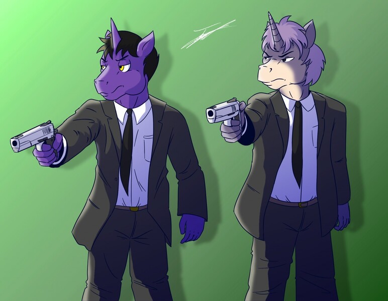 Size: 1280x995 | Tagged: safe, artist:beowulf100, derpibooru import, oc, unofficial characters only, anthro, unicorn, clothes, commission, digital art, gun, handgun, male, pistol, pulp fiction, simple background, suit, weapon