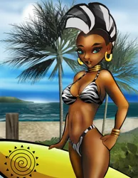 Size: 584x753 | Tagged: artist:ltrm35a2, beach, belly button, bikini, breasts, busty zecora, clothes, dark skin, derpibooru import, ear piercing, earring, female, hand on hip, human, humanized, jewelry, lidded eyes, looking at you, neck rings, ocean, palm tree, piercing, smiling, solo, solo female, suggestive, surfboard, swimsuit, tree, zecora