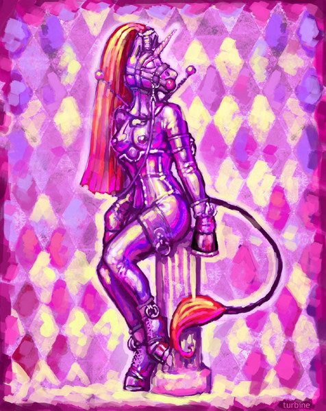 Size: 700x882 | Tagged: questionable, artist:turbinedivinity, derpibooru import, oc, unofficial characters only, anthro, unguligrade anthro, unicorn, abstract background, arm hooves, ballgag, bondage, breasts, bridle, clothes, corset, cuffs, eyes closed, female, femsub, gag, harness, horn, lead, nipples, nudity, plinth, posture collar, sitting, solo, solo female, submissive, tack, tail wrap, unicorn oc