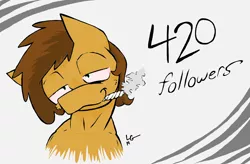 Size: 1976x1296 | Tagged: safe, artist:lucas_gaxiola, derpibooru import, oc, oc:charmed clover, unofficial characters only, earth pony, pony, 420, abstract background, bedroom eyes, drug, earth pony oc, followers, male, milestone, signature, smoking, solo, stallion