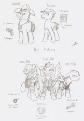 Size: 899x1295 | Tagged: safe, artist:ravenpuff, deleted from derpibooru, derpibooru import, oc, oc:hot ride, oc:lawful, unofficial characters only, pegasus, pony, clothes, ear piercing, earring, grayscale, grin, hat, jewelry, lineart, male, monochrome, pegasus oc, piercing, raised hoof, reference sheet, smiling, spread wings, stallion, traditional art, wings