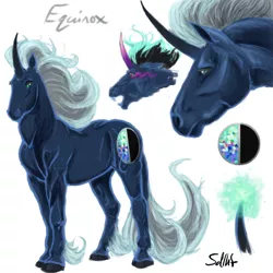 Size: 600x600 | Tagged: safe, artist:sdlhf, derpibooru import, oc, oc:equinox, unofficial characters only, pony, unicorn, bio in description, colored fetlocks, curved horn, hoers, hoof fluff, horn, long feather, male, offspring, parent:king sombra, parent:princess luna, parents:lumbra, realistic, reference sheet, simple background, solo, sombra eyes, stallion, story included, white background