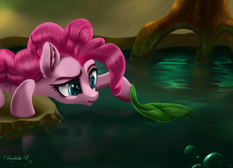 Size: 4500x3250 | Tagged: safe, artist:darksly, derpibooru import, pinkie pie, earth pony, pony, feeling pinkie keen, bubble, commission, ear fluff, female, froggy bottom bog, lilypad, mare, scene interpretation, solo, water