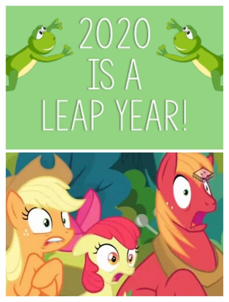 Size: 3106x4096 | Tagged: safe, derpibooru import, apple bloom, applejack, big macintosh, earth pony, frog, pony, the perfect pear, 2020, applejack's hat, boomerang (tv channel), cowboy hat, freckles, hat, leap year, lip bite, open mouth, shocked, shocked expression