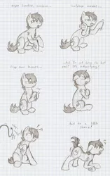 Size: 735x1170 | Tagged: safe, artist:ravenpuff, deleted from derpibooru, derpibooru import, oc, oc:muujiza, unofficial characters only, earth pony, pony, annoyed, crossed arms, earth pony oc, graph paper, grayscale, lineart, male, monochrome, mortar and pestle, onomatopoeia, scared, singing, stallion, sunshine sunshine, tattoo, traditional art, whip