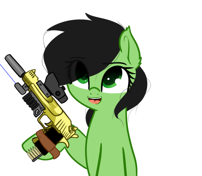 Size: 1129x983 | Tagged: safe, artist:neuro, derpibooru import, oc, oc:anonfilly, unofficial characters only, acog, desert eagle, female, filly, gun, laser sight, simple background, solo, suppressor, tacticool, tape, transparent background, weapon