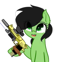 Size: 1129x983 | Tagged: safe, artist:neuro, derpibooru import, oc, oc:anonfilly, unofficial characters only, acog, desert eagle, female, filly, gun, laser sight, simple background, solo, suppressor, tacticool, tape, transparent background, weapon