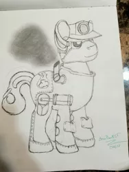Size: 3024x4032 | Tagged: safe, artist:snowbankst, derpibooru import, part of a set, oc, oc:steam wonder, ponified, unofficial characters only, object pony, original species, pony, train pony, concept art, monochrome, photo, solo, steam powered, traditional art, train