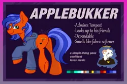 Size: 1280x845 | Tagged: safe, artist:cadetredshirt, derpibooru import, oc, oc:applebukker, unofficial characters only, earth pony, pony, clothes, hoodie, looking at you, looking over shoulder, reference, reference sheet, smug, solo, text, two toned mane, two toned tail, walking, walking away