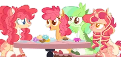 Size: 1280x609 | Tagged: safe, artist:luqella, derpibooru import, oc, oc:hopscotch, oc:key lime pie, oc:saltwater taffy, oc:top speed, unofficial characters only, earth pony, pony, unicorn, base used, donut, female, food, magical lesbian spawn, mare, offspring, parent:apple bloom, parent:scootaloo, parents:scootabloom, simple background, transparent background