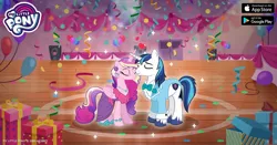Size: 1200x630 | Tagged: safe, derpibooru import, idw, official, princess cadance, shining armor, alicorn, pony, unicorn, neigh anything, spoiler:comic, spoiler:comic11, spoiler:comic12, advertisement, balloon, bowtie, clothes, confetti, costume, duo, eyes closed, facebook, female, gameloft, idw showified, male, mare, my little pony logo, present, presentable in periwinkle, shiningcadance, shipping, speakers, stallion, straight, teen princess cadance, teen shining armor, younger