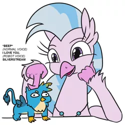 Size: 880x879 | Tagged: safe, artist:jargon scott, derpibooru import, edit, gallus, silverstream, gryphon, hippogriff, birb, dialogue, duo, female, futurama, gallstream, male, shipping, simple background, squatpony, straight, white background, woonoggles