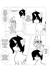 Size: 3679x5154 | Tagged: safe, artist:darkstorm mlp, derpibooru import, spike, oc, oc:wishing star, dragon, pony, unicorn, comic:friendship reborn, black and white, grayscale, male, monochrome, simple background, stallion, stippling, white background