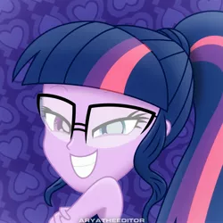 Size: 1920x1920 | Tagged: safe, artist:aryatheeditor, derpibooru import, sci-twi, twilight sparkle, equestria girls, equestria girls series, i'm on a yacht, spoiler:eqg series (season 2), bedroom eyes, big smile, cool, female, geode of telekinesis, glasses, grin, happy, looking at you, magical geodes, movie accurate, pose, powerful sparkle, sleeveless, smiley face, smiling, square, style