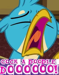 Size: 510x647 | Tagged: caption, cock-a-doodle-doo, crowing, derpibooru import, editor:horsesplease, expand dong, exploitable meme, gallus, gallus the rooster, image macro, meme, sad, safe, screaming, text